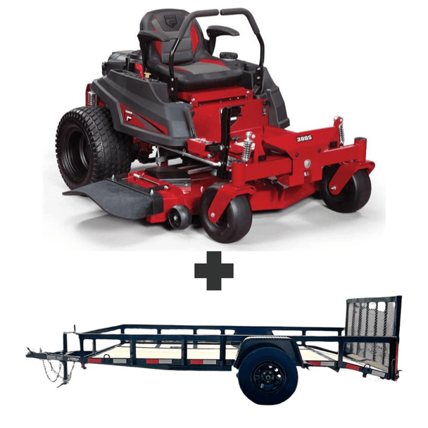 Ferris 300S 52″ zero-turn mower with Briggs & Stratton engine and 5x10 utility trailer with dovetail gate, 3,500 lb axle, and heavy-duty construction.