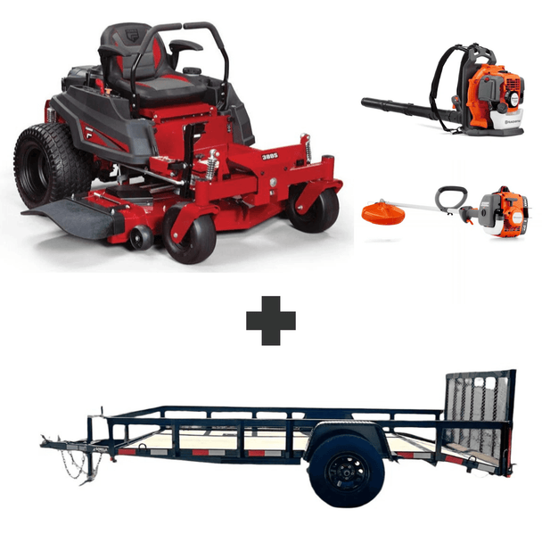 Ferris 300S 52″ zero-turn mower with Briggs & Stratton engine, Husqvarna 150BT blower, 122L trimmer, and 5x10 utility trailer for a complete lawn care setup.