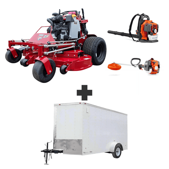 Ferris SRS Z3X 60″ stand-on mower with 40HP Vanguard engine, Husqvarna blower and trimmer, plus 7x12 enclosed trailer with ramp and 3,500 lb axle.