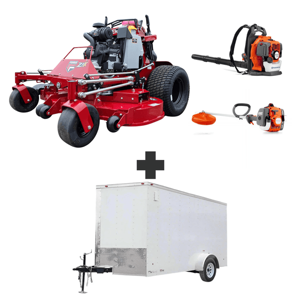 Ferris SRS Z3X 60″ stand-on mower with 40HP Vanguard engine, Husqvarna blower and trimmer, plus 7x12 enclosed trailer with ramp and 3,500 lb axle.