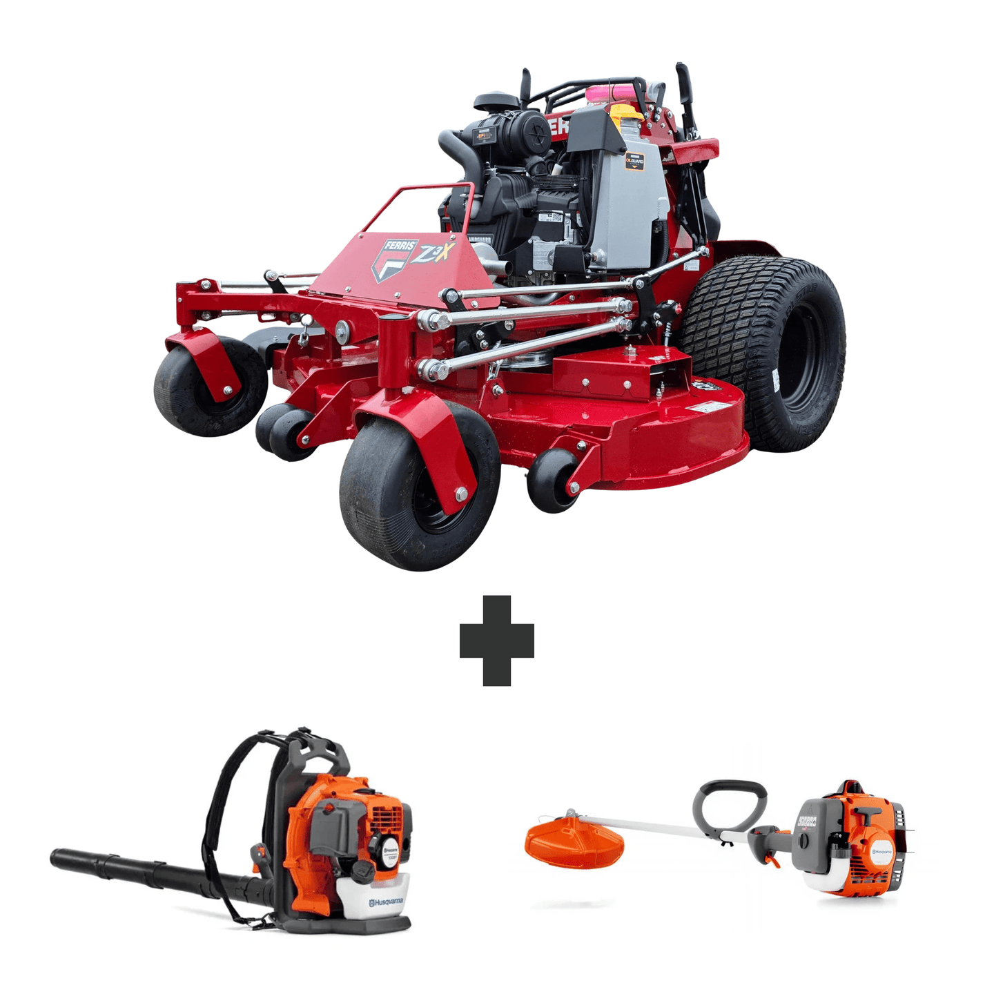 Ferris SRS Z3X 60″ stand-on mower with 40HP Vanguard engine plus Husqvarna 150BT blower and 122L string trimmer for powerful commercial lawn care.