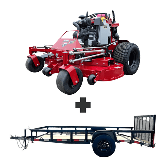 Ferris SRS Z3X 60" stand-on mower with 40HP Vanguard EFI engine and 6.4x12 dovetail utility trailer with 3,500lb axle—powerful commercial mowing and hauling combo.