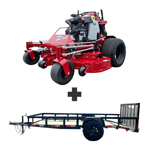 Ferris SRS Z3X 60" stand-on mower with 40HP Vanguard EFI engine and 6.4x12 dovetail utility trailer with 3,500lb axle—powerful commercial mowing and hauling combo.