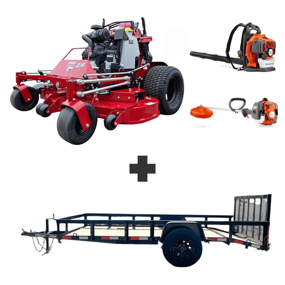 Ferris SRS Z3X 60″ stand-on mower with 40HP Vanguard engine, Husqvarna blower & trimmer, plus 6.4x12 dovetail utility trailer with gate and 3,500 lb axle.
