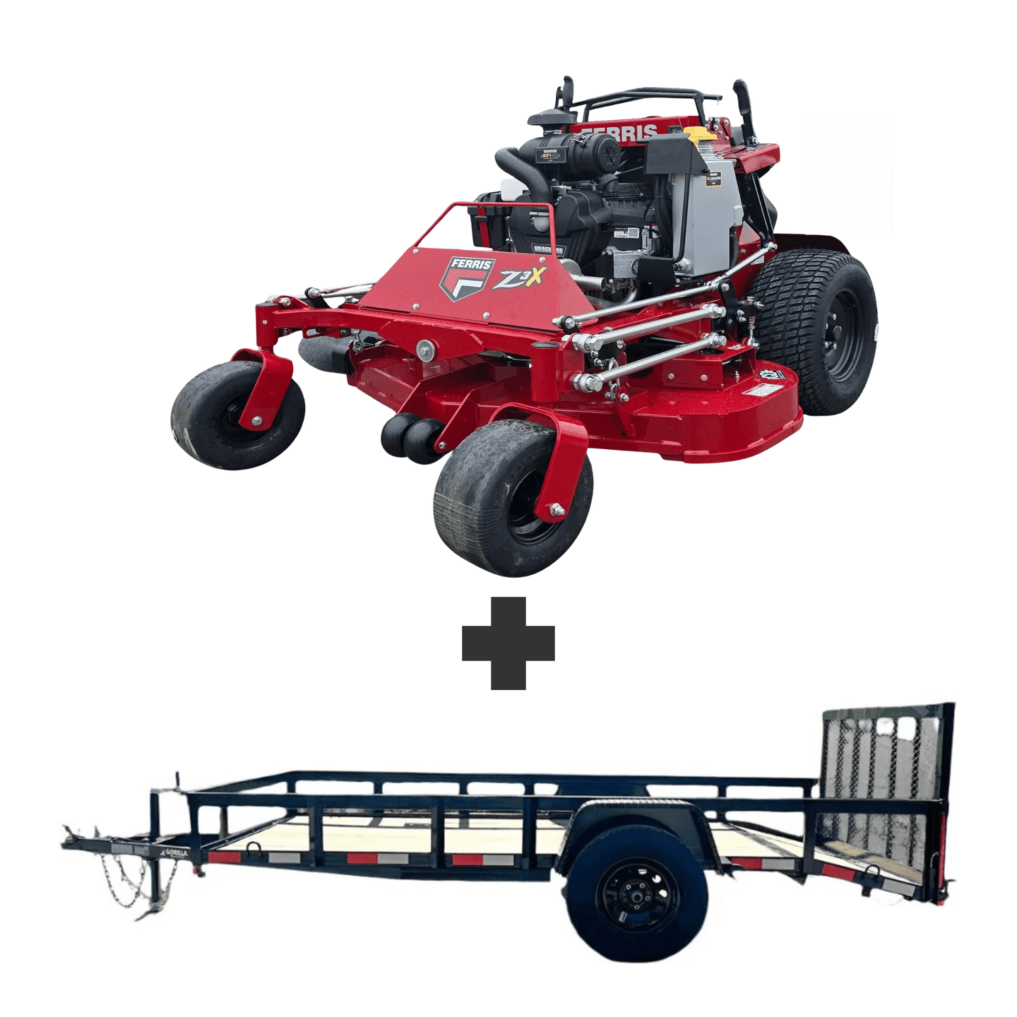 Ferris SRS Z3X 52" 40HP stand-on mower with Soft Ride suspension and iCD deck, plus durable 5x10 utility trailer with 3,500 lb axle, loading gate, LED lights, and tie-downs.