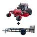Ferris SRS Z3X 52" 40HP stand-on mower with Soft Ride suspension and iCD deck, plus durable 5x10 utility trailer with 3,500 lb axle, loading gate, LED lights, and tie-downs.