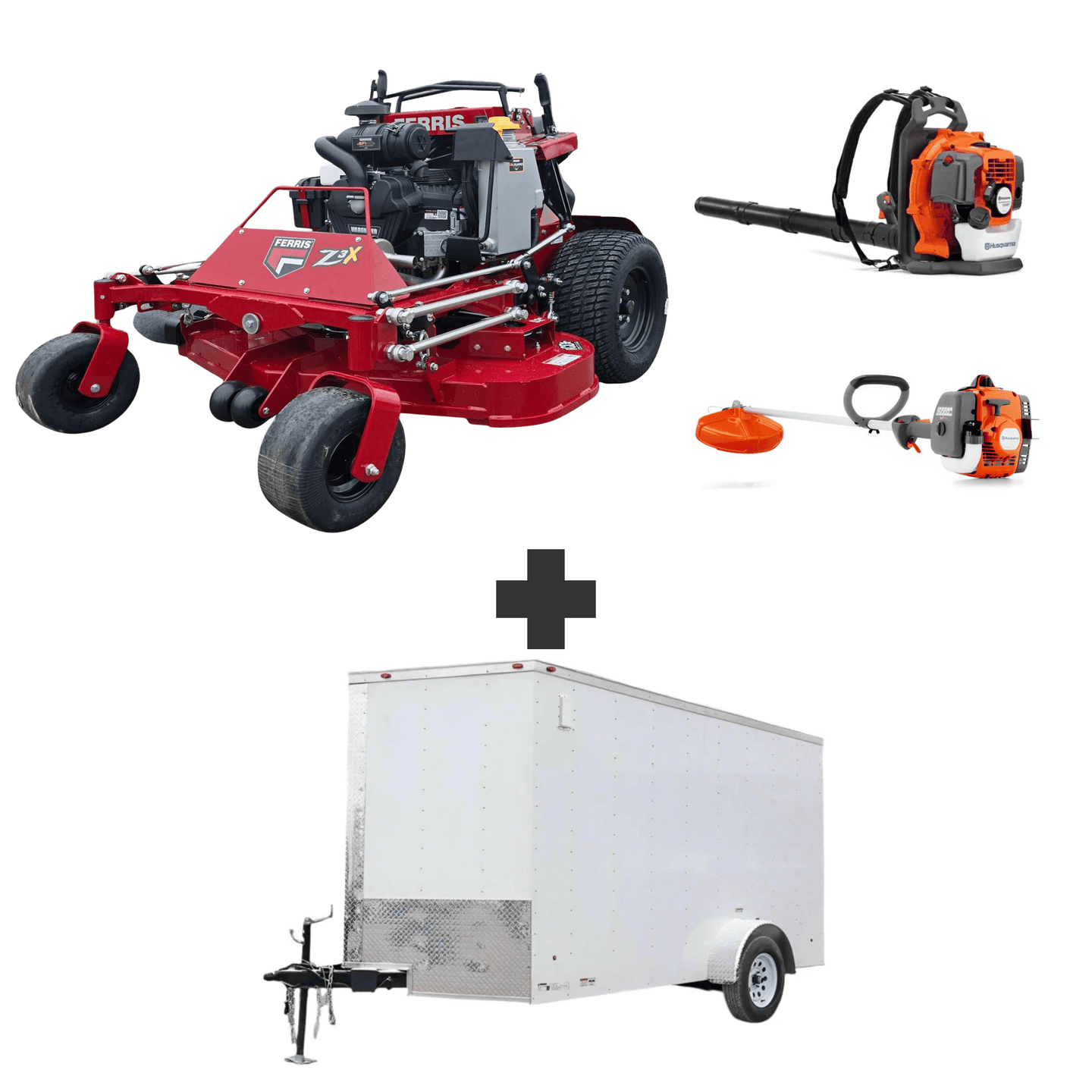 Ferris SRS Z3X 52″ stand-on mower with 40HP Vanguard engine, Husqvarna blower & trimmer, plus 6x12 V-nose enclosed trailer with ramp door and 3,500 lb axle.
