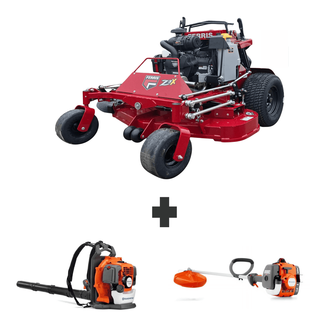 Ferris SRS Z3X 52" stand-on mower with 40HP Vanguard power. Includes Husqvarna 150BT blower and 122L trimmer for efficient mowing, trimming, and cleanup.