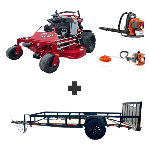 Ferris SRS Z3X 52″ stand-on mower with 40HP Vanguard engine, Husqvarna 150BT blower, 122L trimmer, and 5x10 utility trailer.