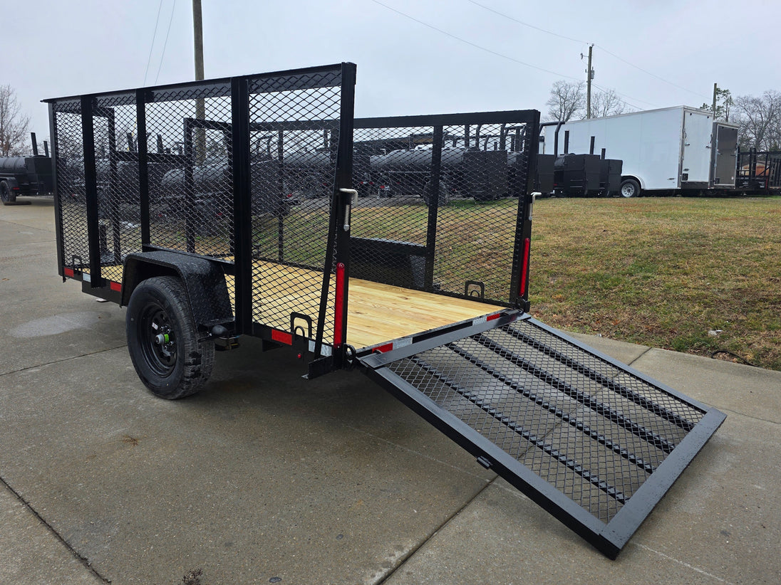 5x10 Straight Deck Debris Loader Utility Trailer (1) 3500lb Axle and Extended Platform rear left angled with ramp down view picture 