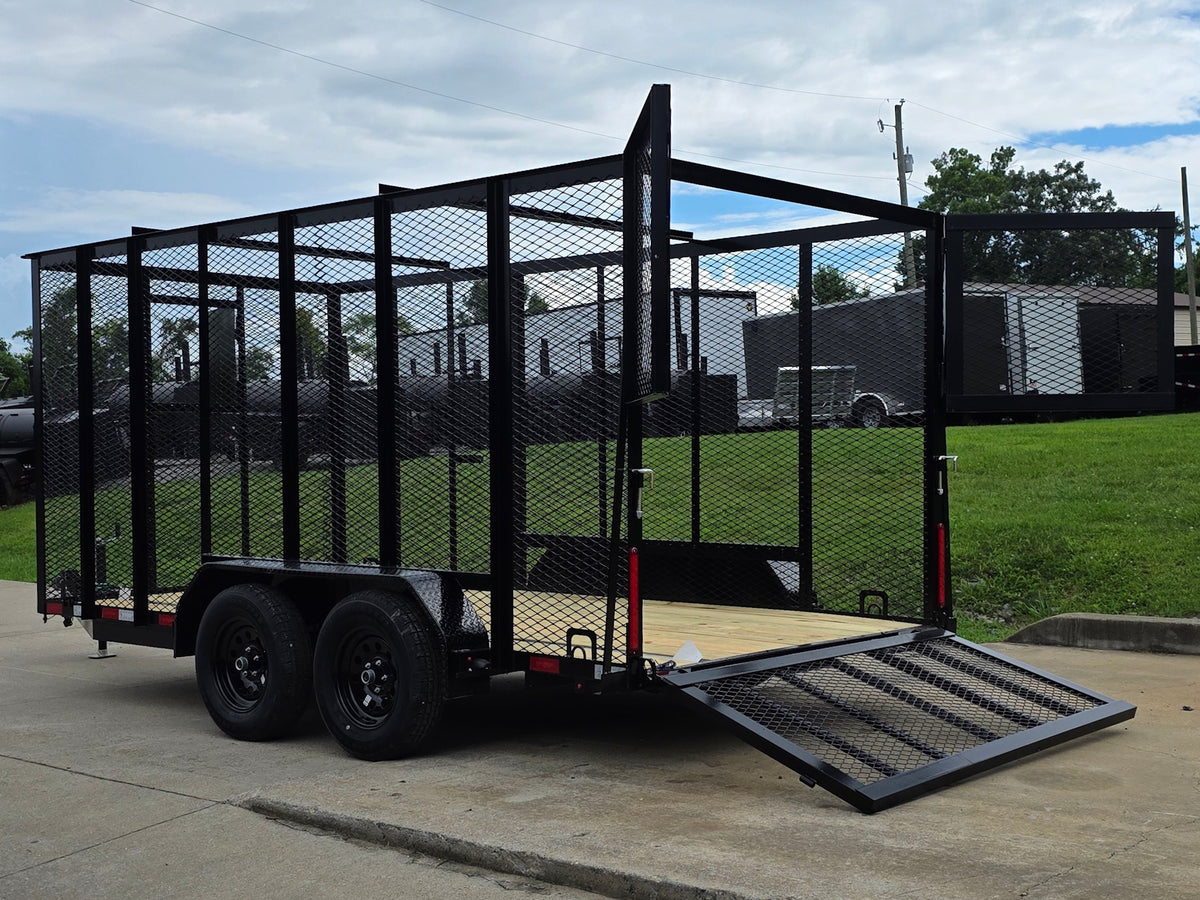 6.4x14 Straight Deck Utility Trailer 6ft Mesh Sides with (2) 3,500lb Axles-Without Roof Open back left angle 