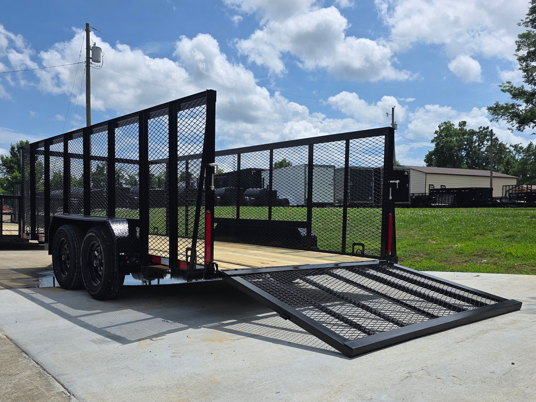 6.4x16 Straight Deck Utility Trailer with 4ft Mesh Side (2) 3,500lb Axles Open back left angle picture 