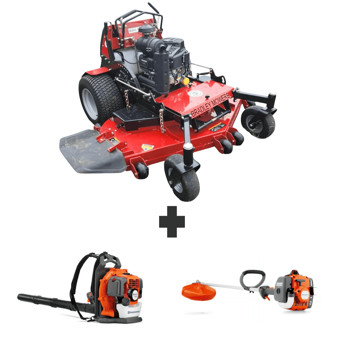 Bradley 61" stand-on zero turn mower bundle with Husqvarna 150BT backpack blower and 122L straight shaft trimmer.