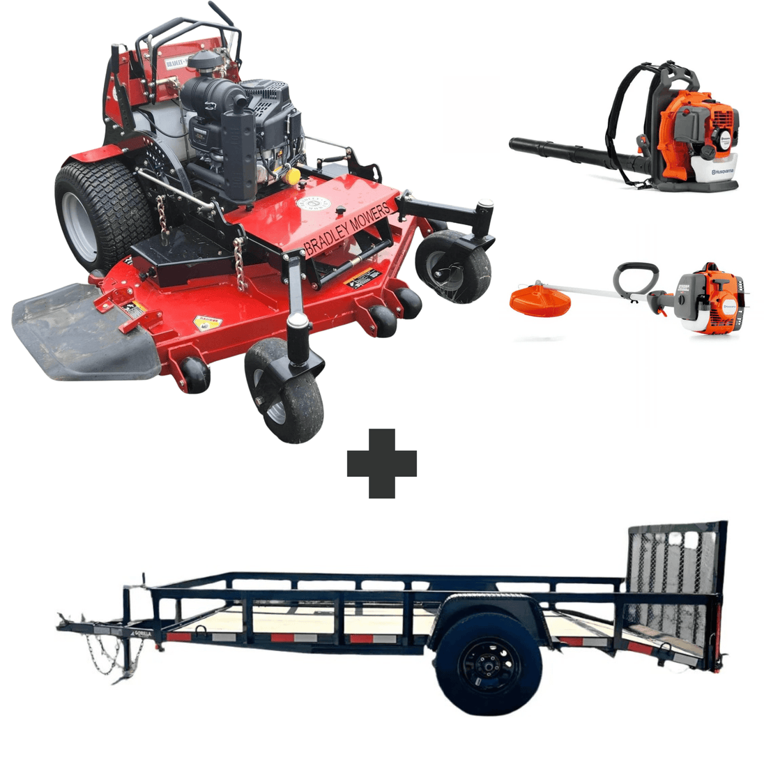 Bradley 61" stand-on mower bundle with Husqvarna 150BT blower, 122L trimmer, and 6.4x12 dovetail utility trailer.