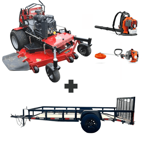 Bradley 61" stand-on mower bundle with Husqvarna 150BT blower, 122L trimmer, and 6.4x12 dovetail utility trailer.
