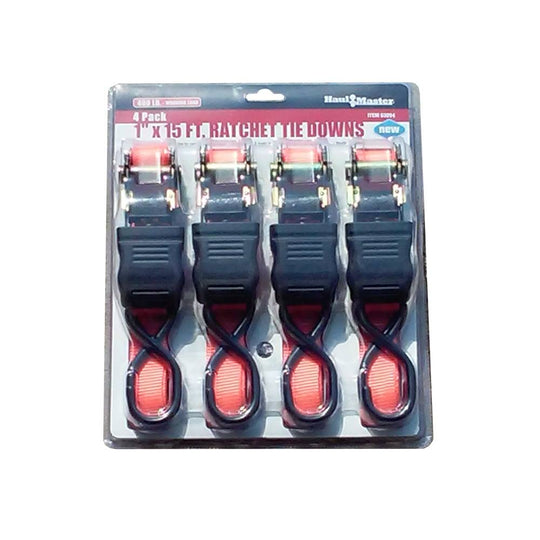 Haul - Master 400 Lb. Capacity 1"x15 Ft. Ratchet Tie Downs 4 Pk - SLE Equipment - 1