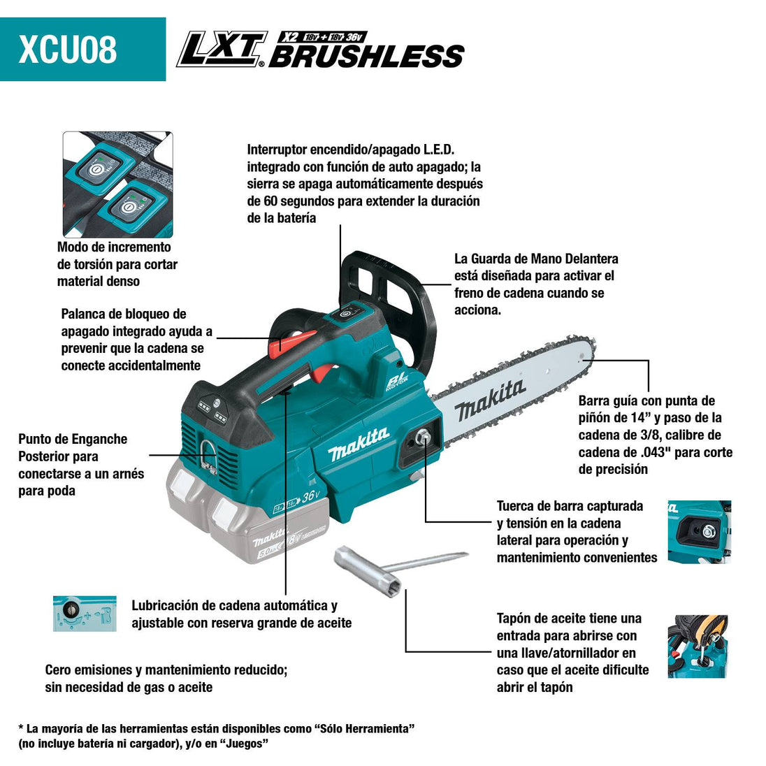 Makita 18V X2 (36V) LXT Lithium‑Ion 14" Top Handle Chainsaw XCU08Z - Tool Only - SLE Equipment - 6