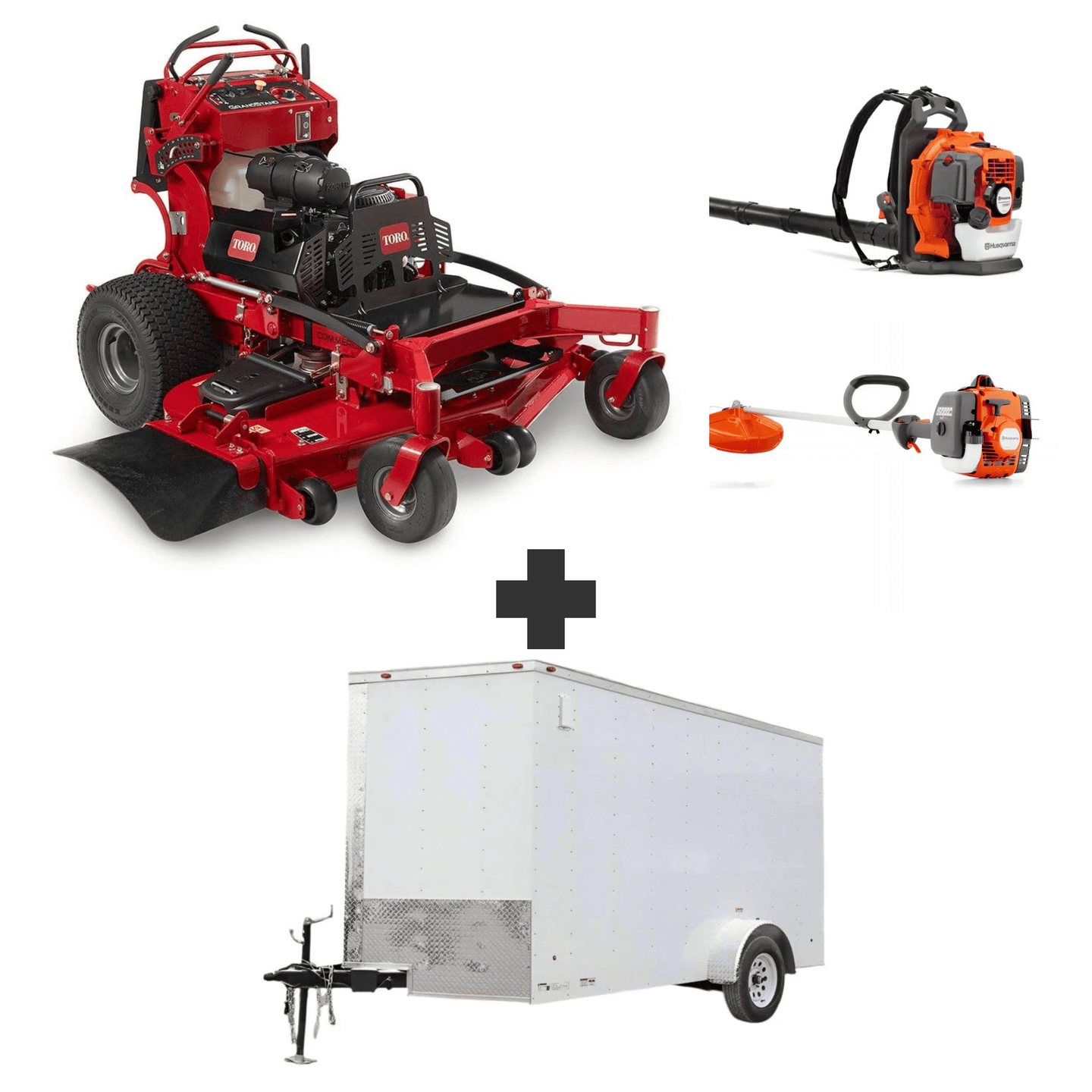 Toro GrandStand 48" stand-on mower bundle with Husqvarna 150BT blower, 122L trimmer, and 6x12 V-nose enclosed trailer.