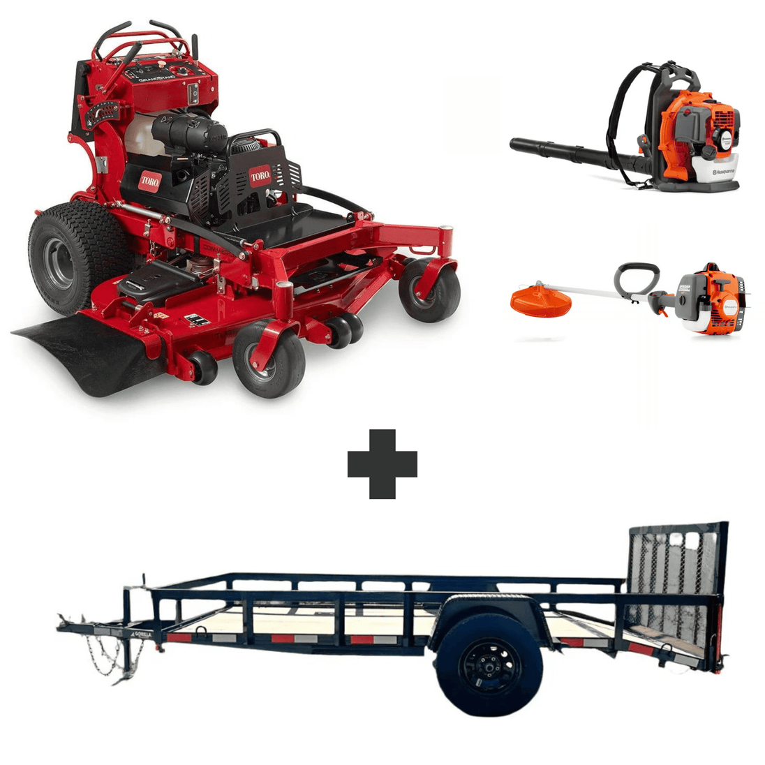 Toro GrandStand 48" stand-on mower bundle with Husqvarna 150BT blower, 122L trimmer, and 5x10 dovetail utility trailer.