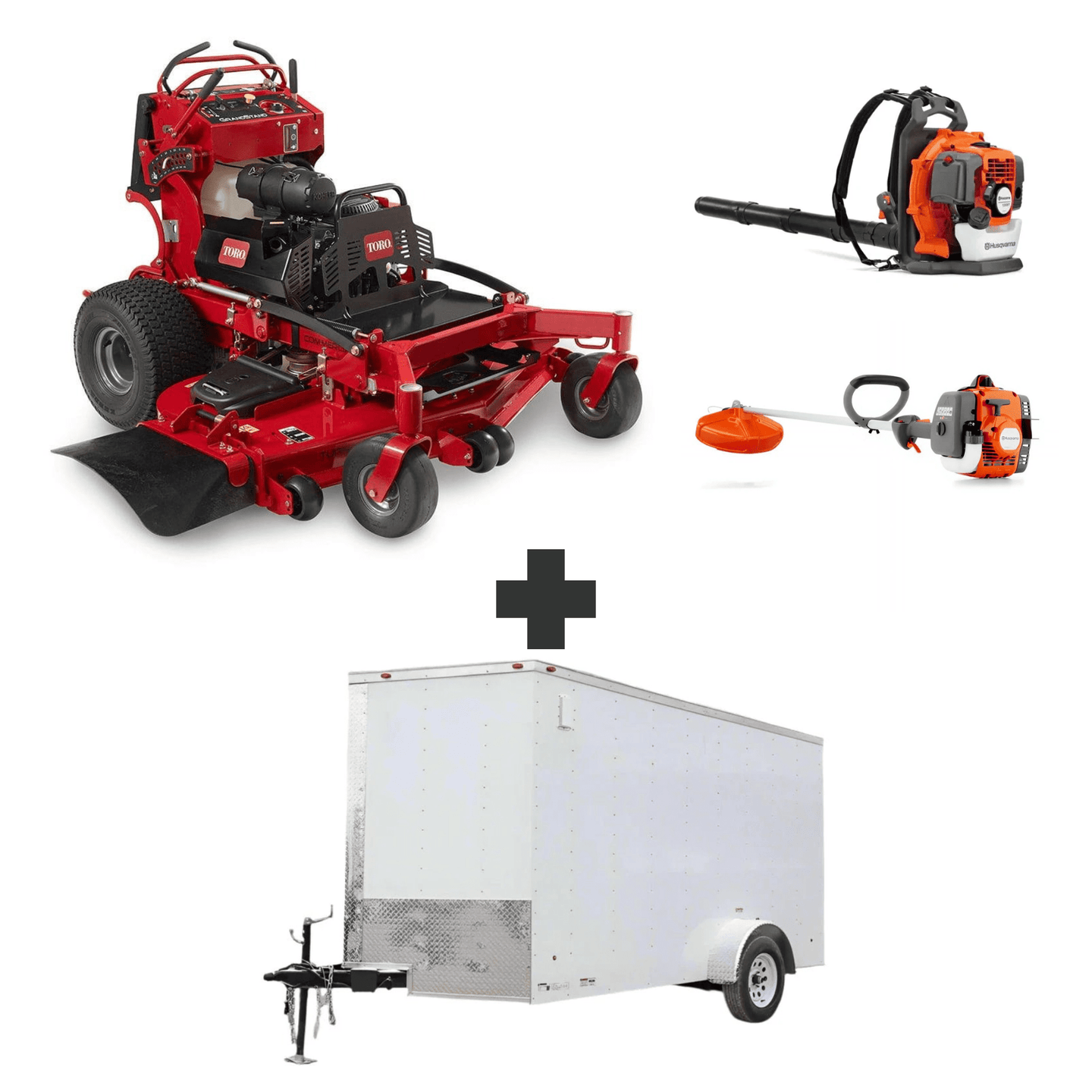 Toro GrandStand 52" stand-on mower bundle with Husqvarna 150BT blower, 122L trimmer, and 6x12 V-nose enclosed trailer.