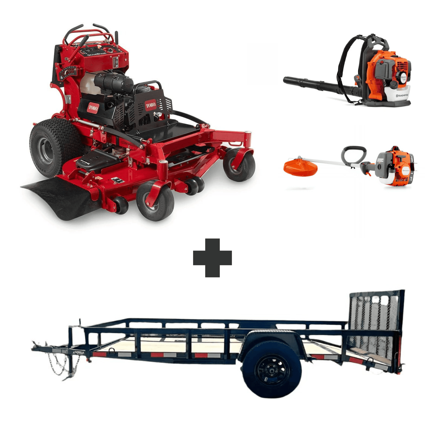 Toro GrandStand 52" stand-on mower bundle with Husqvarna 150BT blower, 122L trimmer, and 5x10 dovetail utility trailer.