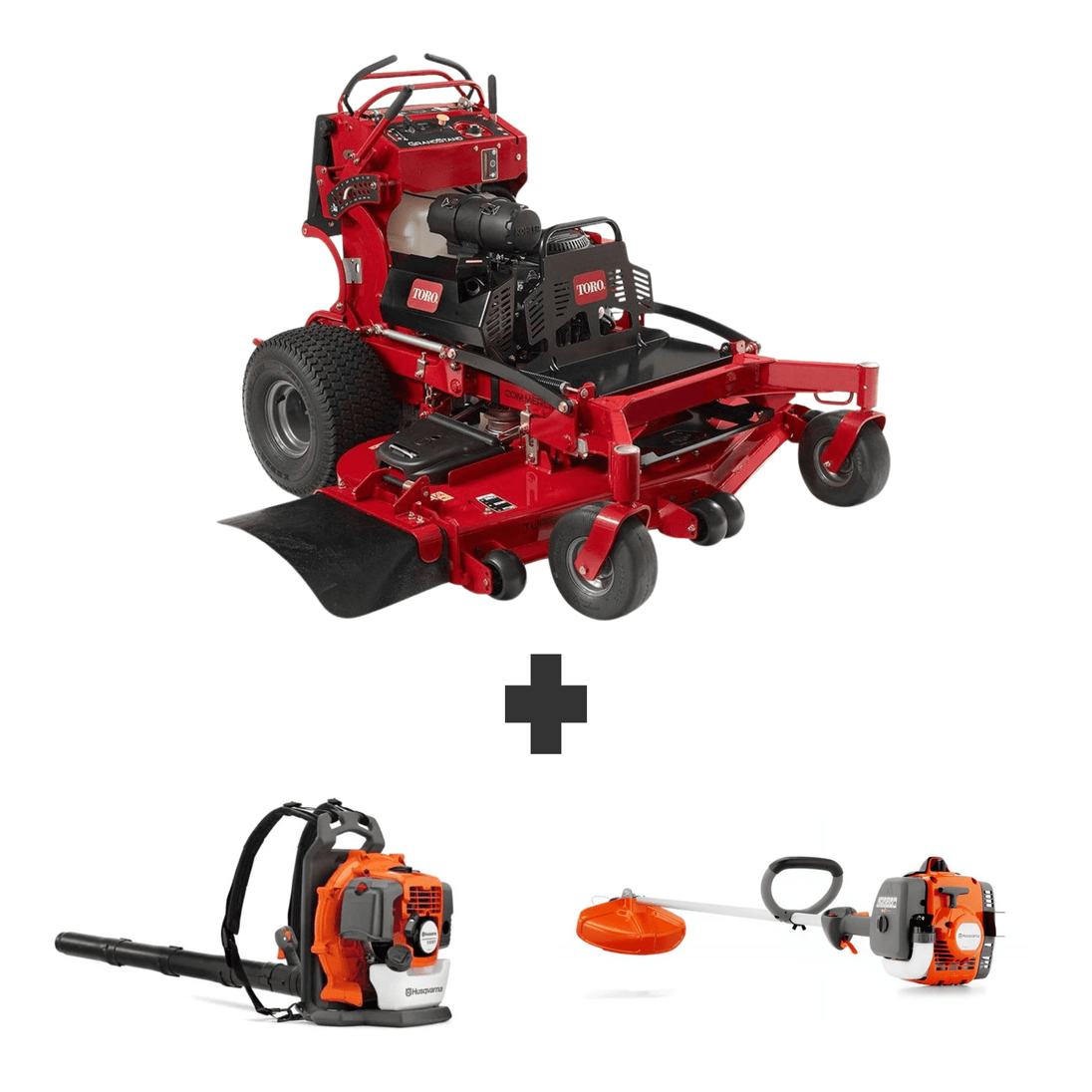 Toro GrandStand 60" stand-on mower bundle with Husqvarna 150BT backpack blower and 122L straight shaft trimmer.