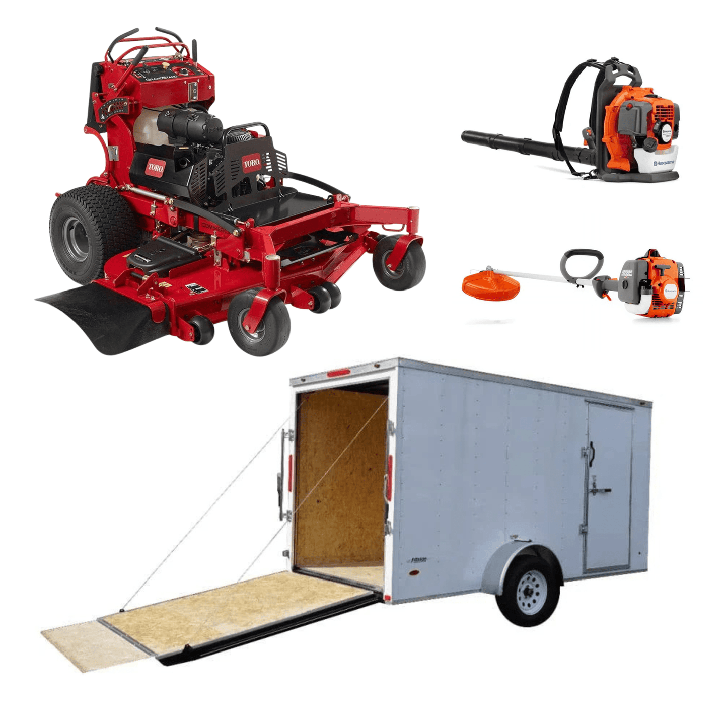 Toro GrandStand 60" stand-on mower bundle with Husqvarna 150BT blower, 122L trimmer, and 7x12 V-nose enclosed trailer.