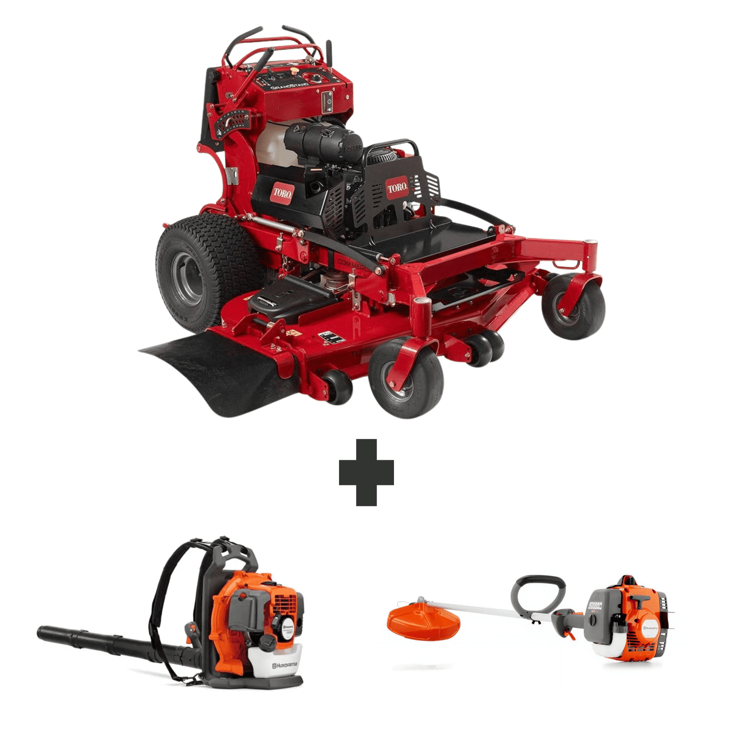 Toro GrandStand 60" 25HP Kohler stand-on mower bundle with Husqvarna 150BT blower and 122L string trimmer for complete lawn care performance.