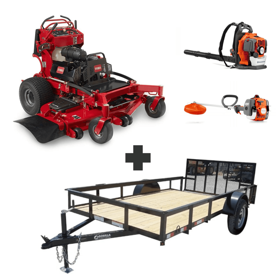 Toro GrandStand 60" 25HP Kohler stand-on mower bundle with Husqvarna 150BT blower, 122L trimmer, and 6.4x12 dovetail utility trailer.