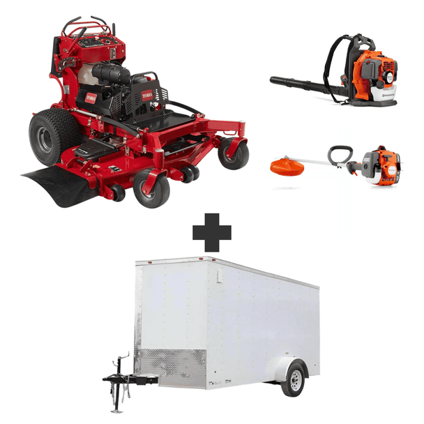 Toro GrandStand 52" 25HP Kohler mower bundle with Husqvarna 150BT blower, 122L trimmer, and 6x12 enclosed trailer.