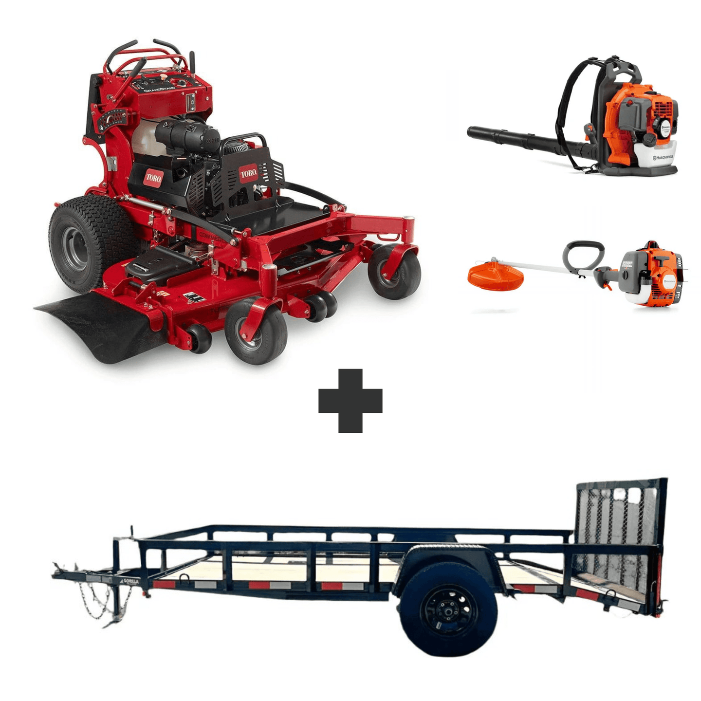 Toro GrandStand 52" 25HP Kohler mower bundle with Husqvarna 150BT blower, 122L trimmer, and 5x10 dovetail utility trailer.