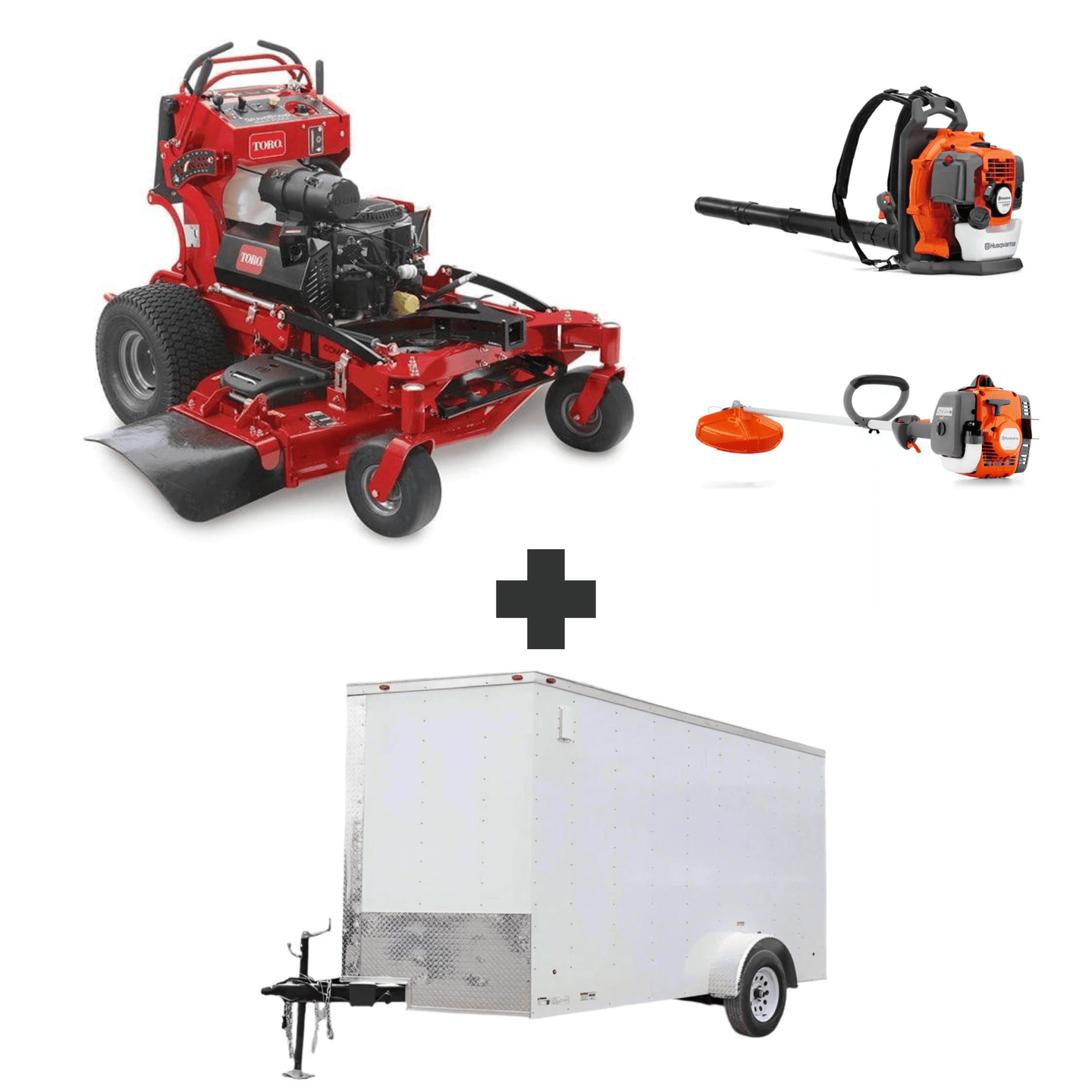 Toro GrandStand MultiForce 60" 26.5HP Kohler mower bundle with Husqvarna 150BT blower, 122L trimmer, and 7x12 enclosed trailer.