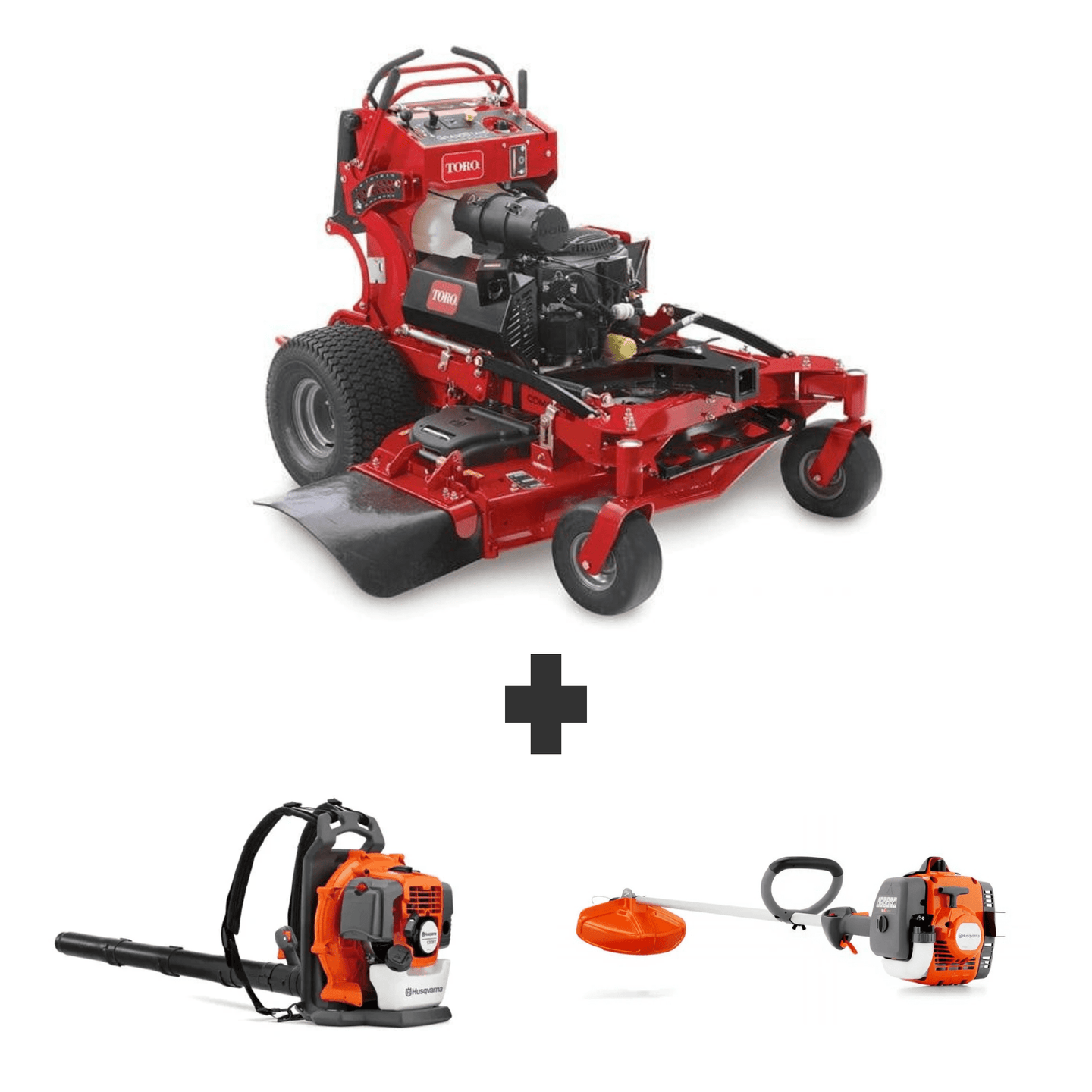 Toro GrandStand MultiForce 60" 26.5HP Kohler stand-on mower bundle with Husqvarna 150BT blower and 122L string trimmer.