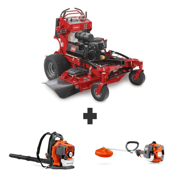 Toro GrandStand MultiForce 60" 26.5HP Kohler stand-on mower bundle with Husqvarna 150BT blower and 122L string trimmer.