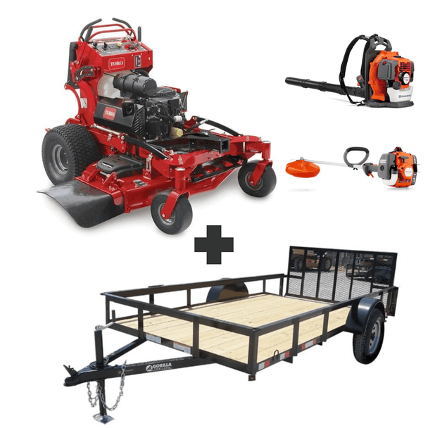 Toro GrandStand MultiForce 60" 26.5HP Kohler mower bundle with Husqvarna 150BT blower, 122L trimmer, and 6.4x12 dovetail utility trailer.