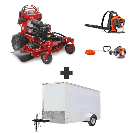 Toro GrandStand MultiForce 52" 26.5HP Kohler mower bundle with Husqvarna 150BT blower, 122L trimmer, and 6x12 enclosed trailer.