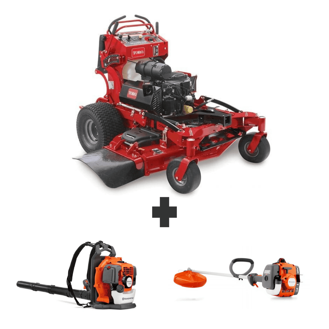 Toro GrandStand MultiForce 52" 26.5HP Kohler stand-on mower bundle with Husqvarna 150BT blower and 122L string trimmer.