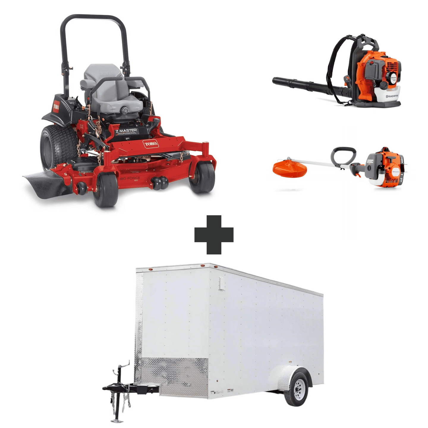 Toro ZMaster MyRIDE 52" 25HP Kohler mower bundle with Husqvarna 150BT blower, 122L trimmer, and 7x12 enclosed trailer.
