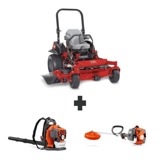 Toro ZMaster MyRIDE 52" 25HP Kohler zero-turn mower bundle with Husqvarna 150BT blower and 122L string trimmer.