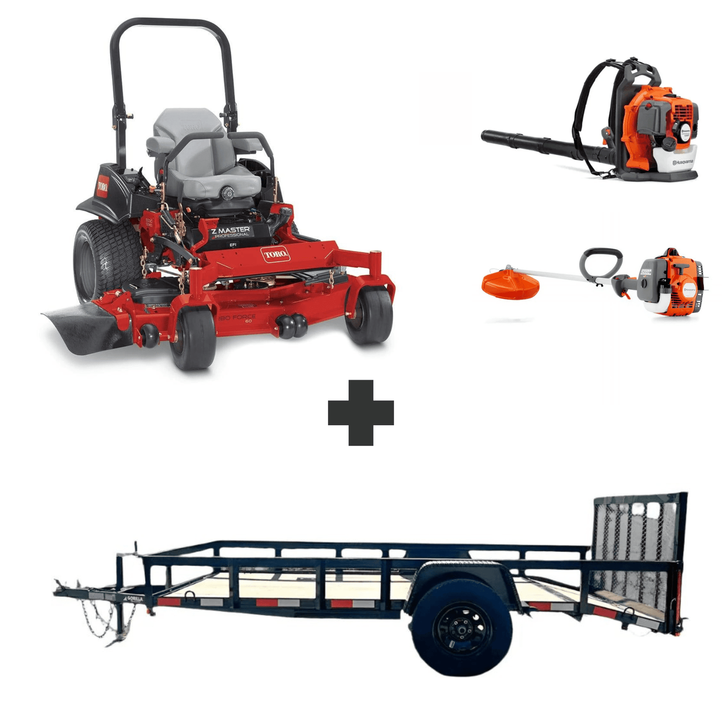Toro ZMaster MyRIDE 52" 25HP Kohler mower bundle with Husqvarna 150BT blower, 122L trimmer, and 6.4x12 dovetail utility trailer.