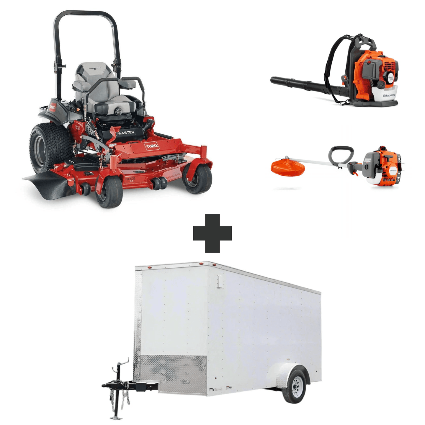 Toro 5000 Series 60" 25.5HP Kawasaki zero-turn mower bundle with Husqvarna 150BT blower, 122L trimmer, and 7x12 enclosed trailer.