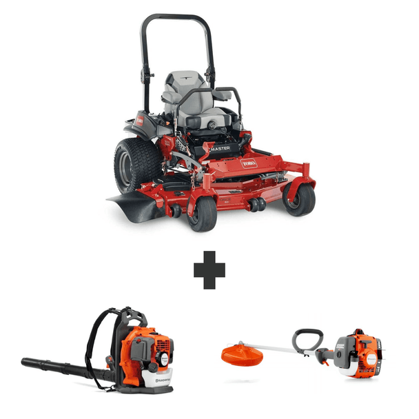 Toro 5000 Series 60" 25.5HP Kawasaki zero-turn mower bundle with Husqvarna 150BT blower and 122L string trimmer.