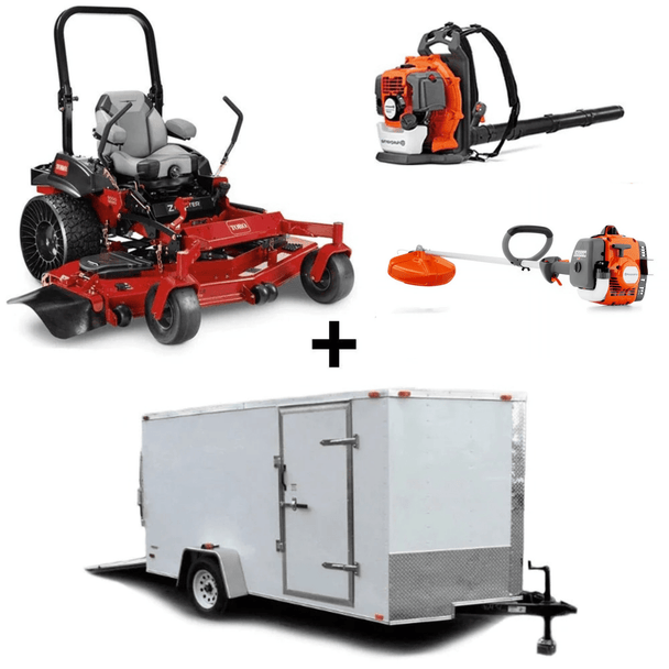 Toro ZMaster 60" 26.5HP Kohler zero-turn mower with Tweels, 7x12 enclosed trailer, Husqvarna 150BT blower, and 122L string trimmer bundle.