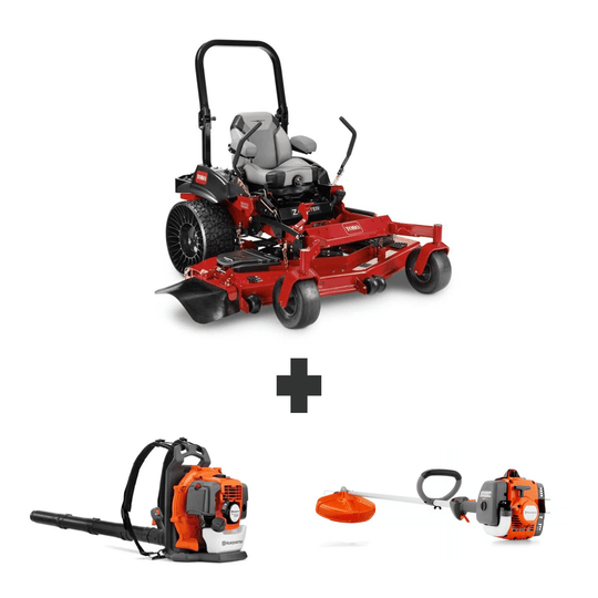 Toro ZMaster 60" 26.5HP Kohler mower with Tweels, Husqvarna 150BT blower, and 122L string trimmer bundle.