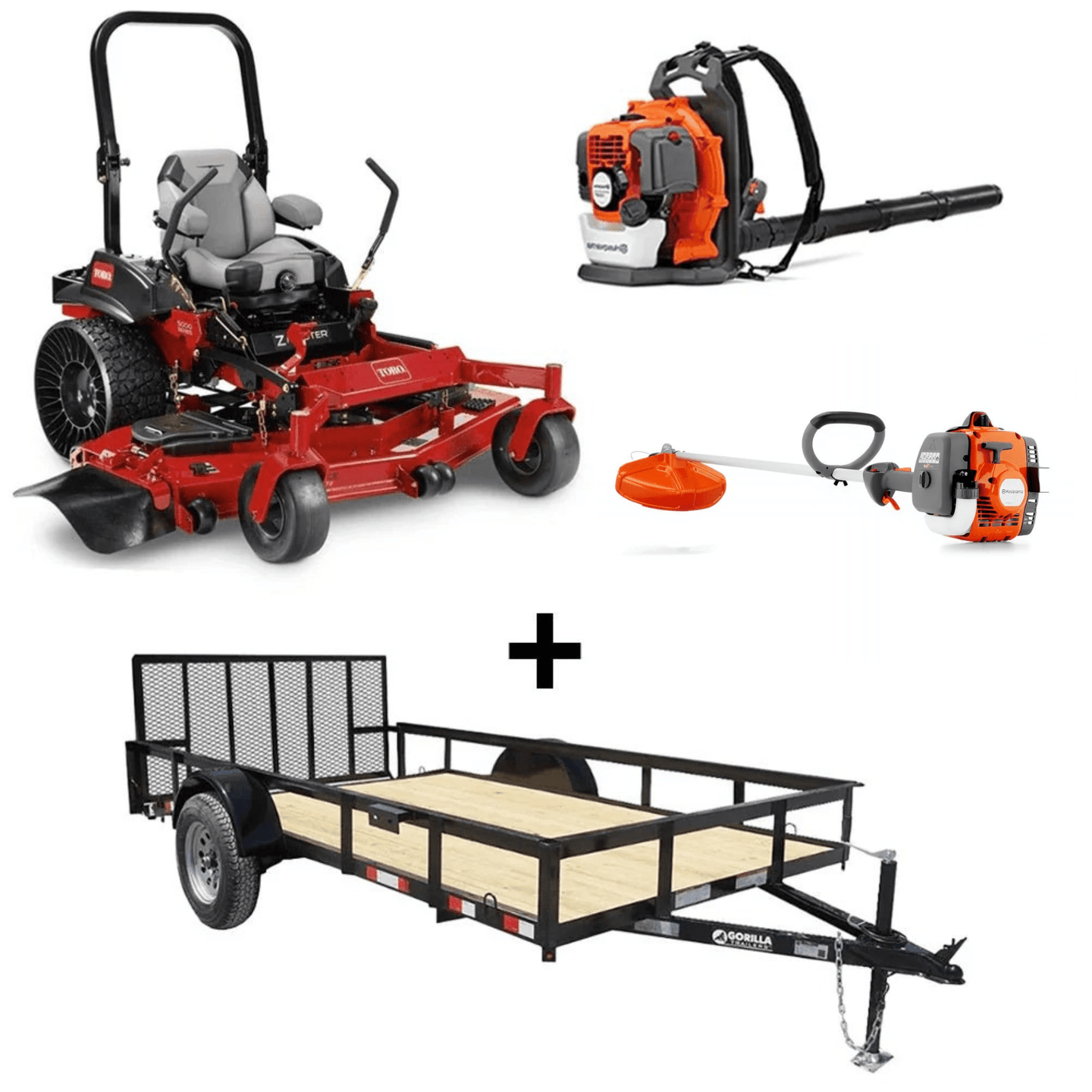 Toro ZMaster 60" 26.5HP Kohler mower with Tweels, 6.4x12 utility trailer, Husqvarna 150BT blower, and 122L string trimmer bundle.