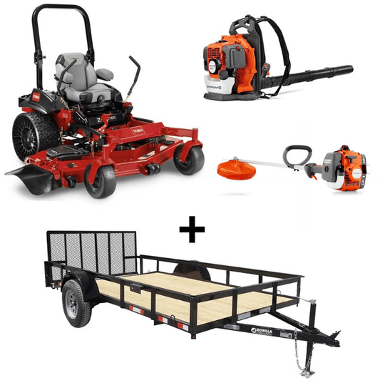 Toro ZMaster 60" 26.5HP Kohler mower with Tweels, 6.4x12 utility trailer, Husqvarna 150BT blower, and 122L string trimmer bundle.