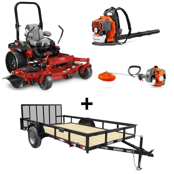 Toro ZMaster 60" 26.5HP Kohler mower with Tweels, 6.4x12 utility trailer, Husqvarna 150BT blower, and 122L string trimmer bundle.
