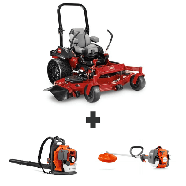 Toro ZMaster 72" 26.5HP Kohler mower with Husqvarna 150BT blower and 122L string trimmer bundle.