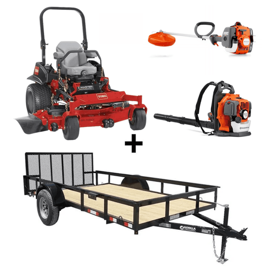 Toro 5000 Series 72" 26.5HP Kohler mower with 6.4x12 utility trailer, Husqvarna 150BT blower, and 122L string trimmer bundle.