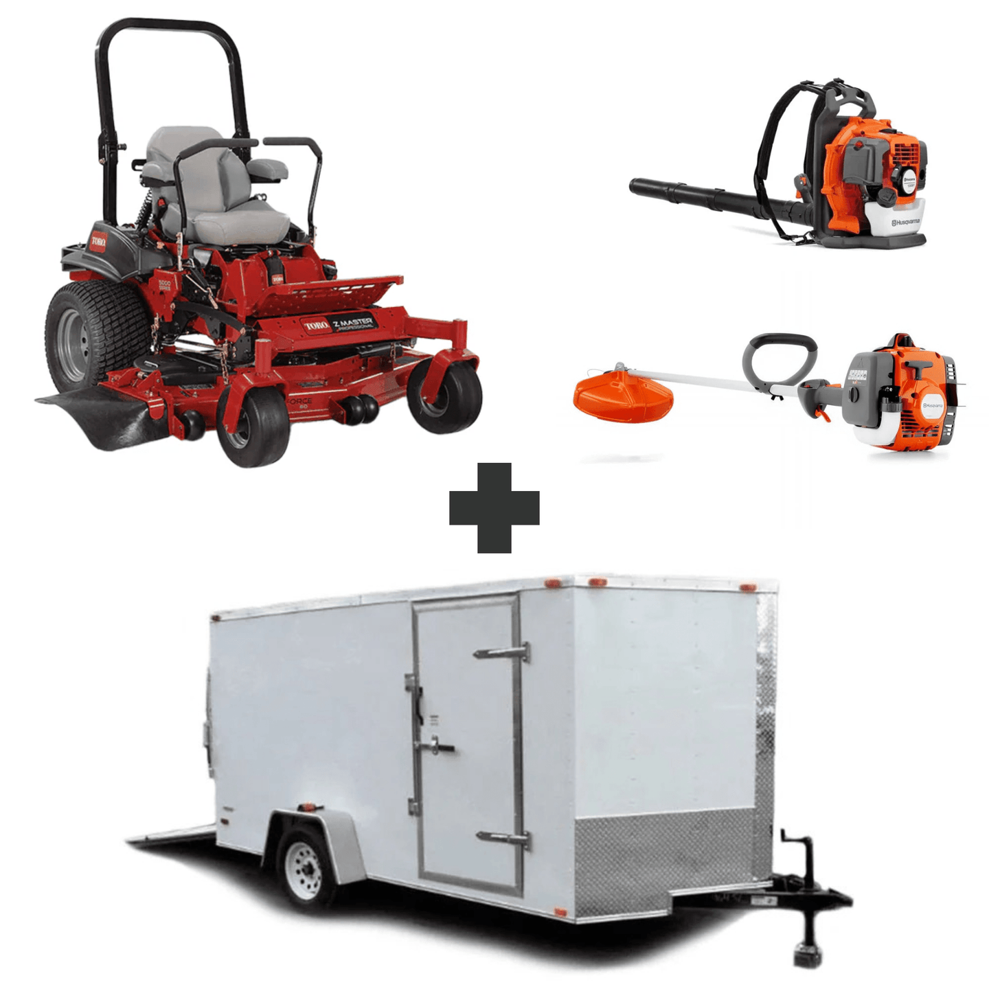 Toro 72921 60" rear discharge mower with 7x12 enclosed trailer, Husqvarna 150BT blower, and 122L string trimmer bundle.